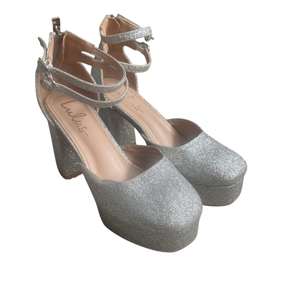 Lulus Silver Glitter Platform Heels Ankle Strap Chunky Block Heel Shoes - Picture 3 of 7